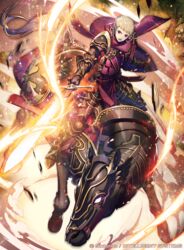  1boy armor armored_boots barding blonde_hair boots commentary_request company_name fire fire_emblem fire_emblem_cipher fire_emblem_fates gloves glowing glowing_eyes horse male_focus official_art open_mouth purple_eyes red_eyes setsu_albatross shield siegbert_(fire_emblem) solo sparkle sword teeth weapon 