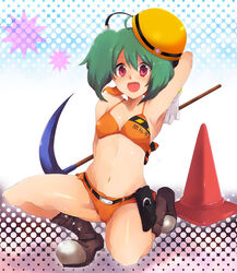  ahoge armpits arms_behind_back bad_link bikini bikini_top_only boots breasts cameltoe covered_nipples female full_body green_hair halftone halftone_background hard_hat helmet kurohara_yuu macross macross_frontier macross_frontier:_itsuwari_no_utahime navel oerba_yun_fang on_one_knee orange_bikini ranka_lee red_eyes scythe short_hair small_breasts smile solo swimsuit traffic_cone 