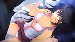  1boy artist_request black_hair blonde_hair blush bow bow_bra bra female glasses kamishiro_touko koiken_otome long_hair open_clothes open_shirt panties plaid plaid_skirt red-framed_eyewear shirt skirt sleeveless smile underwear white_panties 