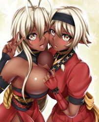  2girls ;d antenna_hair armpits asymmetrical_docking bare_shoulders blonde_hair blush breast_press breasts brown_eyes commentary_request dark-skinned_female dark_elf dark_skin dress elf fingerless_gloves gloves hairband highres large_breasts long_hair looking_at_viewer mother_and_daughter multiple_girls nisei_muramasa one_eye_closed open_mouth parted_lips platinum_blonde_hair pointy_ears puffy_short_sleeves puffy_sleeves red_dress sansei_muramasa short_hair short_sleeves smile soukou_akki_muramasa tama_(tamakaka1031) upper_body v 