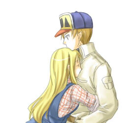  1boy artist_request blonde_hair claire_(harvest_moon) couple face_in_chest female female gray_(harvest_moon) harvest_moon hug light_brown_hair long_hair lowres male 