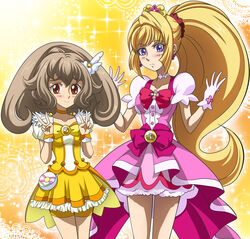  2girls atra_mixta bike_shorts blonde_hair bow brooch brown_hair choker commentary_request cosplay cowboy_shot cure_flora cure_flora_(cosplay) cure_peace cure_peace_(cosplay) double_v gloves go!_princess_precure gundam gundam_tekketsu_no_orphans hair_flaps hanzou high_ponytail in-franchise_crossover jewelry kanemoto_hisako kudelia_aina_bernstein long_hair magical_girl multiple_girls pink_bow pink_skirt ponytail precure purple_eyes red_eyes shorts shorts_under_skirt skirt smile smile_precure v voice_actor_connection waist_bow white_gloves wide_ponytail wrist_cuffs yellow_background yellow_bow yellow_shorts yellow_skirt 