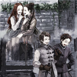  2boys 2girls a_song_of_ice_and_fire animification braid brick_wall brown_hair cape closed_eyes dress gloves highres jeyne_poole long_hair multiple_boys multiple_girls open_mouth photoshop_(medium) red_hair robb_stark sansa_stark short_hair siuuu sword theon_greyjoy vest weapon 