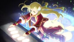  artist_request blonde_hair boots closed_mouth female floating_hair green_eyes hair_ornament kneeling long_hair magic mileena_weiss official_art red_footwear red_skirt skirt smile solo tales_of_(series) tales_of_the_rays 