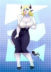  2015 absurd_res anthro big_breasts biped black_body black_fur blonde_hair blue_eyes blush bottomwear bovid bovine breasts cattle cleavage clothed clothing ear_piercing female fur hair hi_res hooves horn long_hair looking_at_viewer lucinda_bullworth_jackson ludwig_bullworth_jackson_(copyright) mammal mrsakai piercing shirt skirt smile solo standing thick_thighs topwear white_body white_fur wide_hips 