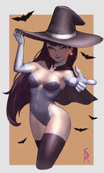  absurdres alternate_costume alternate_eye_color animal_print artist_logo bat_(animal) border breasts brooch brown_hair brown_thighhighs cape cleavage commentary covered_navel cowboy_shot cropped_legs d.va_(overwatch) earrings elbow_gloves english_commentary eyelashes eyeliner facepaint facial_mark female finger_gun gloves glowing glowing_eyes glowing_jewelry halloween_costume hand_on_headwear hat highres jack-o&#039;-lantern jack-o&#039;-lantern_earrings jewelry leotard long_hair looking_at_viewer makeup medium_breasts orange_background orange_eyes overwatch overwatch_1 parted_lips photoshop_(medium) pink_lips pointing pointing_at_viewer rabbit_brooch rabbit_print shinra_(baby80526) signature smile solo strapless strapless_leotard thighhighs whisker_markings white_border white_gloves witch witch_hat 