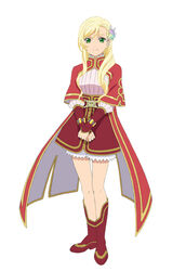  artist_request blonde_hair boots capelet closed_mouth female full_body green_eyes hair_ornament knee_boots long_hair looking_at_viewer mileena_weiss official_art red_capelet red_footwear red_skirt simple_background skirt smile solo standing tachi-e tales_of_(series) tales_of_the_rays v_arms white_background 