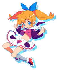  animal_ears animal_hands asymmetrical_legwear bad_id bad_pixiv_id blue_eyes blush blush_stickers drop_shadow female fish floating_hair full_body fushigi_mahou_fun_fun_pharmacy grey_legwear hood hood_down hoodie long_sleeves midriff navel om_(nk2007) orange_hair paw_shoes photoshop_(medium) popuri_(fushigi_mahou_fun_fun_pharmacy) simple_background skirt solo tail twintails uneven_legwear white_background 