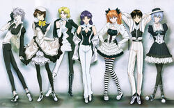  2boys 5girls akagi_ritsuko alternate_costume asymmetrical_clothes ayanami_rei black_pantyhose blonde_hair blue_eyes blue_hair boots bow choker cross dress evangelion:_1.0_you_are_(not)_alone fabulous formal frills fukano_youichi gloves goth_fashion hat highres ibuki_maya ikari_shinji katsuragi_misato legs lineup lolita_fashion long_hair multiple_boys multiple_girls nagisa_kaworu neon_genesis_evangelion orange_hair pantyhose photoshop_(medium) porkpie_hat purple_hair rebuild_of_evangelion red_eyes ribbon short_hair skin_tight skirt souryuu_asuka_langley spandex strappy_heels striped_clothes striped_thighhighs thighhighs 