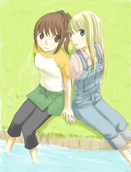  2girls artist_request bangs blonde_hair blue_eyes brown_eyes brown_hair capri_pants capris claire_(harvest_moon) grass hand_holding harvest_moon jill_(harvest_moon) multiple_girls overalls pants raglan_sleeves river shirt sitting skirt t-shirt 