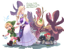  2boys ario blonde_hair blood blue_eyes boots bottle commentary_request dress earrings elbow_gloves fairy female games_done_quick ganondorf gerudo gloves gohma hat highres holding_hands jewelry link long_dress long_hair multiple_boys navi open_mouth pincers pointy_ears princess_zelda speedrunning_(topic) surprised sweatdrop the_legend_of_zelda the_legend_of_zelda:_ocarina_of_time time_paradox white_gloves x_x young_link 