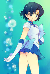  back_bow bishoujo_senshi_sailor_moon blue_choker blue_eyes blue_hair blue_sailor_collar blue_skirt bow bubble choker commentary_request elbow_gloves female gloves looking_at_viewer magical_girl mizuno_ami pleated_skirt sailor_collar sailor_mercury sailor_senshi_uniform short_hair skirt smile solo taki_(nakochan) tiara white_gloves 