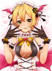  arm_garter bare_shoulders black_gloves blonde_hair blush bow breasts cleavage cleavage_cutout clothing_cutout commentary_request demon_wings female gloves green_eyes head_wings headdress heart idolmaster idolmaster_cinderella_girls lace lace_gloves lace_trim large_breasts licking_lips looking_at_viewer masaki_(celesta) miyamoto_frederica multiple_wings short_hair simple_background sleeveless smile solo tongue tongue_out upper_body wings 