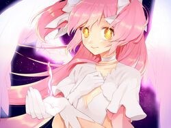  bow cleavage_cutout clothing_cutout commentary_request etsuo feathered_wings female gloves hairbow hand_on_own_chest kaname_madoka long_hair magical_girl mahou_shoujo_madoka_magica mahou_shoujo_madoka_magica_(anime) pink_hair solo spoilers two_side_up ultimate_madoka white_gloves wings yellow_eyes 