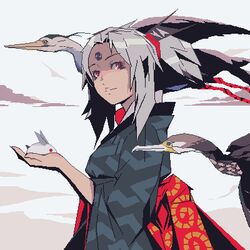  bird cloud commentary_request cormorant eizoku female heron lowres original red_eyes snow_rabbit solo 