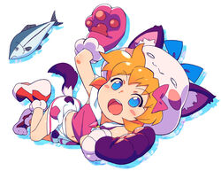  animal_ears animal_hands bad_id bad_pixiv_id blonde_hair blue_eyes blush blush_stickers cat_ears cat_tail female fish full_body fushigi_mahou_fun_fun_pharmacy gloves looking_at_viewer midriff navel om_(nk2007) open_mouth paw_gloves paw_shoes pawpads photoshop_(medium) popuri_(fushigi_mahou_fun_fun_pharmacy) simple_background skirt solo tail twintails white_background 