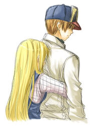  1boy artist_request blonde_hair claire_(harvest_moon) couple female female gray_(harvest_moon) harvest_moon hug hug_from_behind light_brown_hair long_hair lowres male 