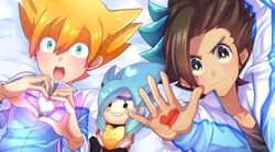  2boys bad_id bad_pixiv_id blue_eyes blue_hair blush_stickers brown_hair doll earth_eleven grin heart heart_hands inazuma_eleven_(series) inazuma_eleven_go inazuma_eleven_go_galaxy jacket looking_at_viewer maianh male_focus matatagi_hayato minaho_kazuto multicolored_hair multiple_boys namikawa_rensuke orange_hair smile track_jacket two-tone_hair upper_body 