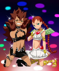  2boys choker cosplay crossdressing crossdressing dark_skin desuta don_(748826) frown green_eyes grin heart high_heels inazuma_eleven inazuma_eleven_(series) jewelry kneeling long_hair lots_of_jewelry multiple_boys navel panty_&amp;_stocking_with_garterbelt panty_(cosplay) parody pixiv_thumbnail ponytail red_hair resized scanty scanty_(cosplay) scanty_(psg) shoes skirt smile thane trap very_long_hair wings yellow_eyes 