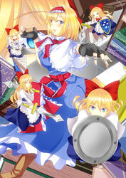  alice_margatroid apron ass back bad_id bad_pixiv_id blonde_hair blue_eyes blush book boots bow breasts capelet commentary_request doll dress dual_wielding female fingerless_gloves gloves goliath_doll hairband hairbow holding kamitsuki_shion lance large_breasts long_hair open_mouth polearm ribbon sash shanghai_doll shield short_hair smile string sword touhou weapon 