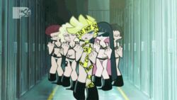  5girls animated animated anime_screenshot bikini caution_tape dancing lady_gaga_(copyright) logo lowres mtv multiple_girls non-web_source panty_&amp;_stocking_with_garterbelt panty_(psg) parody stocking_(psg) sunglasses swimsuit telephone_(lady_gaga) 