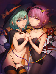  2girls :d alternate_breast_size aqua_hair arm_support asymmetrical_docking bare_arms bare_shoulders bat_wings bikini black_bikini black_cape black_hat black_legwear black_leotard blue_eyes bow breast_press breast_size_switch breasts cape choker collarbone commentary_request covered_navel cowboy_shot demon_tail eyeball eyelashes flat_chest gradient_background green_hair groin hairband halloween hat hat_bow hat_ribbon head_wings heart heart_of_string highres holding_hands interlocked_fingers komeiji_koishi komeiji_satori leotard looking_at_viewer medium_breasts minami_koyogi multiple_girls nontraditional_playboy_bunny open_mouth orange_bow orange_ribbon oversized_breast_cup pantyhose photoshop_(medium) pink_eyes pink_hair playboy_bunny ribbon shade short_hair siblings sisters sitting smile stomach strapless strapless_leotard striped_clothes striped_thighhighs swimsuit tail thighhighs third_eye touhou wings witch_hat 