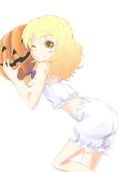  blonde_hair bloomers blush braid commentary_request female grin highres jack-o&#039;-lantern kirisame_marisa mukai one_eye_closed side_braid smile solo touhou underwear yellow_eyes 