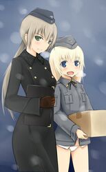  2girls blonde_hair blue_eyes blush box coat commentary_request gloves green_eyes hanna_rudel hat helma_lennartz holding jacket military military_uniform multiple_girls official_style open_mouth panties ponytail rasielcochma scar scar_on_face scar_on_nose strike_witches:_suomus_misfits_squadron trench_coat underwear uniform white_panties world_witches_series 