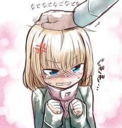  anger_vein angry blonde_hair blue_eyes blush clenched_hands clenched_teeth commentary_request etori female girls_und_panzer green_jacket headpat jacket katyusha_(girls_und_panzer) long_sleeves out_of_frame pravda_school_uniform red_shirt school_uniform shirt short_hair solo_focus tears teeth turtleneck uniform 