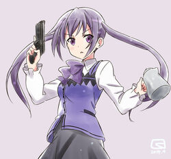  blush female gochuumon_wa_usagi_desu_ka? gochuumon_wa_usagi_desuka? gun kueru looking_at_viewer open_mouth purple_eyes purple_hair solo tedeza_rize trigger_discipline twintails uniform weapon 