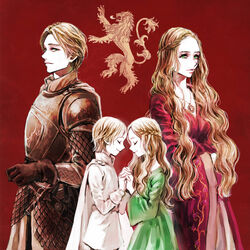  1boy a_song_of_ice_and_fire aged_down animification armor blonde_hair braid brother_and_sister cape cersei_lannister closed_eyes dress dual_persona family father_and_daughter father_and_son female green_eyes highres holding_hands interlocked_fingers jaime_lannister jewelry lion long_hair mother_and_daughter mother_and_son myrcella_baratheon necklace short_hair siblings siuuu smile tommen_baratheon 