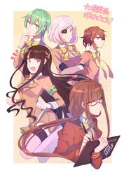  5girls :d absurdres aoki_hagane_no_arpeggio aoki_shizumi ashigara_(aoki_hagane_no_arpeggio) bad_id bad_pixiv_id black_gloves blue_eyes brown_hair glasses gloves green_hair haguro_(aoki_hagane_no_arpeggio) hair_ornament hair_ribbon hiei_(aoki_hagane_no_arpeggio) highres long_hair low_ponytail multiple_girls myoukou_(aoki_hagane_no_arpeggio) nachi_(aoki_hagane_no_arpeggio) oerba_yun_fang open_mouth ponytail purple_eyes purple_hair red_eyes ribbon school_uniform short_hair smile very_long_hair yellow_eyes 