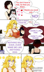  1boy 3girls blake_belladonna comic english_text female human male multiple_girls ruby_rose rwby speech_bubble text y8ay8a yang_xiao_long yaya_(y8ay8a) 