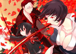  2girls akabayashi awakusu_akane bad_id bad_pixiv_id black_hair bob_cut breasts brown_eyes cleavage durarara!! flower glasses glowing glowing_eyes iid large_breasts multiple_girls petals photoshop_(medium) red_eyes red_hair scar school_uniform short_hair skindentation smile sonohara_anri sword unworn_eyewear weapon 