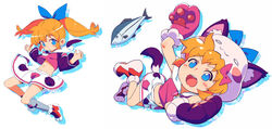  animal_ears animal_hands bad_id bad_pixiv_id blonde_hair blue_eyes blush_stickers cat_ears cat_tail drop_shadow female fish full_body fushigi_mahou_fun_fun_pharmacy gloves kneehighs long_sleeves midriff multiple_views navel om_(nk2007) open_mouth paw_gloves paw_shoes photoshop_(medium) popuri_(fushigi_mahou_fun_fun_pharmacy) simple_background skirt socks tail twintails white_background wind wind_lift 