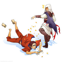  2boys assassin&#039;s_creed_(series) assassin&#039;s_creed_ii bad_id bad_pixiv_id brown_hair cape crossover ezio_auditore_da_firenze geta gintama hasegawa_taizou hood kia_(ruruten) male_focus money multiple_boys sunglasses vambraces white_background 