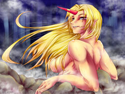  alternate_eye_color blonde_hair commentary_request convenient_censoring female horns hoshiguma_yuugi muscular nabe_(ingenmame) nude onsen pointy_ears purple_eyes single_horn solo touhou 