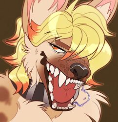  2017 anthro badhedgehog bodily_fluids boon_digges bust_portrait collar hair hyena mammal mouth_shot multicolored_hair open_mouth portrait saliva solo spotted_hyena tongue tuft 