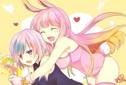  2girls ^_^ animal_ears bare_shoulders borrowed_character closed_eyes commentary_request detached_sleeves fate/grand_order fate_(series) fuyuki_(neigedhiver) gift_card gloves heart highres long_hair mash_kyrielight multicolored_hair multiple_girls pink_hair playboy_bunny purple_eyes purple_hair rabbit_ears rabbit_tail riyo_servant_(bunnygirl)_(fate) saint_quartz_(fate) short_hair sweat tail thighhighs two-tone_hair zettai_ryouiki 