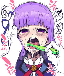  aikatsu! aikatsu!_(series) blush brushing_another&#039;s_teeth brushing_teeth commentary female hikami_sumire long_hair looking_at_viewer monogatari_(series) motsuaki nisemonogatari out_of_frame parody pov pov_hands purple_eyes purple_hair scene_reference solo_focus toothbrush translated 