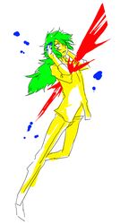  1boy aonoasuka bad_id bad_pixiv_id bleeding blood full_body green_hair long_hair male_focus n_(pokemon) paint_splatter paint_splatter_on_face paint_stains pokemon pokemon_bw solo white_background 