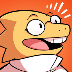  1:1 2015 alphys anthro buckteeth bust_portrait clothing coat cubewatermelon eyewear female glasses happy icon lab_coat lizard low_res open_mouth orange_background portrait reptile scales scalie simple_background smile solo teeth topwear undertale undertale_(series) yellow_body yellow_scales 