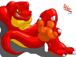 2007 3_toes 4:3 anthro biceps big_feet big_muscles claws dinosaur extinct feet grin hands_behind_head looking_at_viewer male muscular muscular_anthro muscular_male paws pecs pose prehistoric_species red_body red_eyes reptile rexar_(rrrex) riproarrex scalie simple_background smile solo tail theropod toes tyrannosaurid tyrannosauroid tyrannosaurus tyrannosaurus_rex