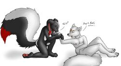 anthro arctic_fox canid canine duo forceswerwolf fox hybrid kissing lagomorph leporid male male/male mammal mephitid rabbit skunk skunkhase skunny swiftayama tail true_fox