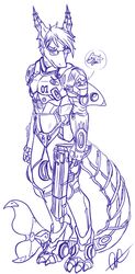 2012 anthro armor blue_and_white cetacean dolphin ear_piercing fish gun hair handgun hybrid machine male mammal marine mei5683 monochrome oceanic_dolphin piercing pistol power_armor purple_and_white ranged_weapon riptide_(riptideshark) shark simple_background solo tail toothed_whale weapon