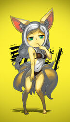 3_toes anthro arched_back bikini biped black_clothing blush breasts canid canine clothed clothing digitigrade ears_up feet female flowing_hair fox full-length_portrait fur green_eyes hair half-closed_eyes hi_res japanese_text long_hair looking_at_viewer lunatic mammal miel multi_tail narrowed_eyes navel portrait pose red_nose seductive shadow simple_background skimpy solo standing swimwear tail text toes white_hair yellow_background yellow_body yellow_fur