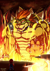 2011 abs anthro biceps bowser duo ear_piercing empty_eyes fangs fire green_body green_skin hair hi_res horn human koopa lava lava_bath male mammal mario mario_bros muscular muscular_male nintendo nipples nude open_mouth pecs piercing red_hair scalie shell spikes teeth warm_colors white_eyes yellow_body yellow_skin 杉鳴