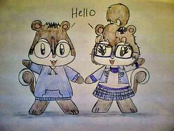 4:3 alvin_and_the_chipmunks alvin_and_the_chipmunks_(live-action) alvittanyallday anthro big_head brown_body brown_fur brown_hair buckteeth chipmunk clothed clothing duo english_text eyelashes eyewear female fully_clothed fur gesture glasses greeting ground_squirrel hair jacket jeanette_miller looking_at_viewer male mammal open_mouth open_smile pink_nose raised_tail rodent sciurid shirt simon_seville smile standing sweater tail teeth text toony topwear vertical_bar_eyes waving