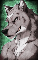 abstract_background aluminemsiren anthro biceps black_nose bust_portrait canid canine canis chest_tuft fur green_eyes grey_body grey_fur grin male mammal muscular muscular_anthro muscular_male portrait pose simple_background smile solo teeth thundergrey tuft white_body white_fur wolf