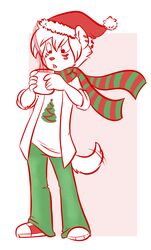 anthro beverage christmas christmas_clothing christmas_headwear christmas_tree clothing facial_markings hat head_markings headgear headwear herpestid hizzie holding_object holidays male mammal markings mongoose plant santa_hat scarf seth_h&auml;ser solo tail tail_motion tailwag tree